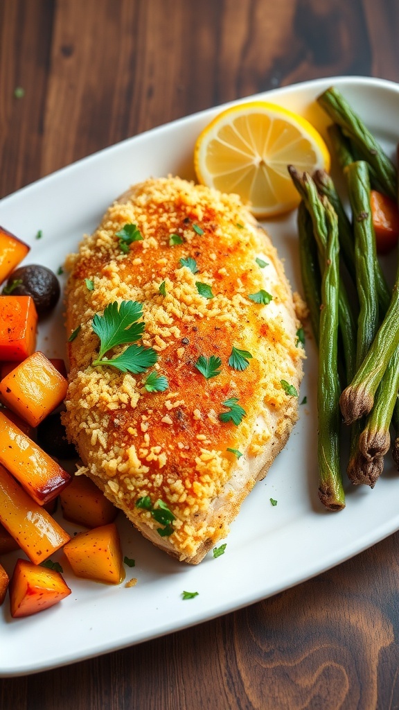 Golden-brown Parmesan Dijon chicken breasts garnished with parsley, served with roasted vegetables on a rustic table.